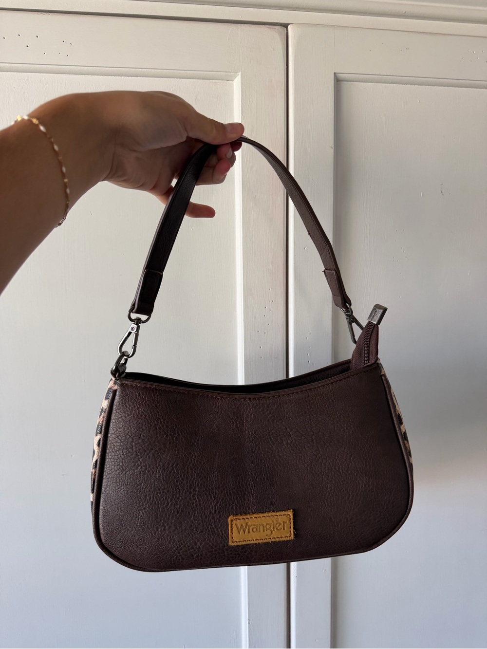 Wrangler Dark Brown Shoulder Bag with Leopard Side Panels